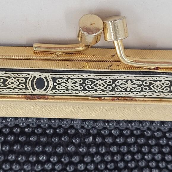Art Deco Black Beaded Evening Bag with Gold Frame Vintage Cocktail Purse - Picture 6 of 10